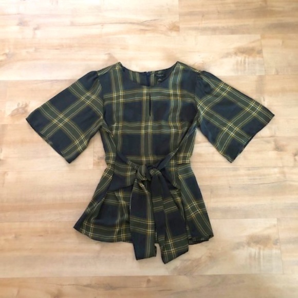 Ann Taylor Factory Top short sleeve green tie front XS - Picture 1 of 12